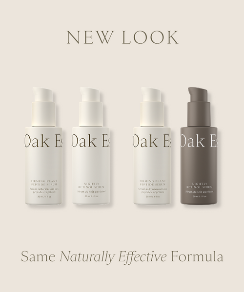 Four Oak Essentials’ Youthful Skin Serum Duo is shown with updated packaging: three white bottles with white pumps, one dark brown with a brown pump. Benefits include skin renewal and hydration. Text says NEW LOOK and Same Naturally Effective Formula.