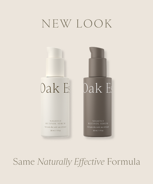 Two bottles of Nightly Retinol Serum, one white and one taupe, are side by side with “NEW LOOK” and “Same Naturally Effective Formula”—ideal for targeting fine lines and enhancing hydration.