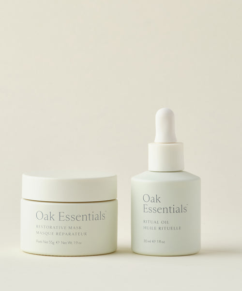 The Reset Duo by Oak Essentials, featuring the Restorative Mask and Ritual Oil, is displayed side by side on a neutral background—perfect minimalist essentials to elevate your skincare routine.