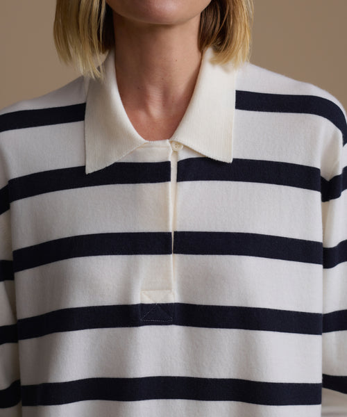 Navy stripe Post Pullover worn by a person with a neutral background