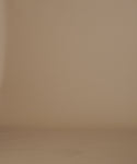 Thumbnail for video: A woman stands against a plain warm beige studio background wearing a fitted black long-sleeve top and wide-leg striped pants in brown and gray tones, with black shoes.