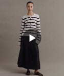 Thumbnail for video: Model wearing Cooper Cardigan in Ivory/Black Stripe.