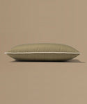 Brown pillow with white trim on a beige background
