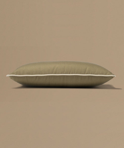 Brown pillow with white trim on a beige background