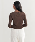 A woman with long dark hair, seen from behind, wears the Ribbed Finley Cardigan in brown with high-waisted white pants, creating a subtle 90s-inspired look against a plain light background.