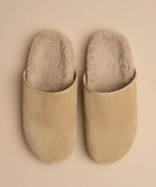 The Suede Ashby Clog, featuring a cozy shearling-lined footbed, is displayed in beige suede side by side on a light tan background.