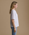 A woman in profile wearing a white short-sleeve crewneck t-shirt and light blue jeans, standing against a solid beige studio background.