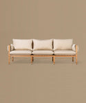 Beige sofa with wooden frame on a beige background