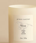 The West Glass Candle is a 10oz (295g) white natural wax candle in a frosted jar labeled jenni kayne West, featuring a minimalist horse illustration and California-inspired notes of cassis, sage, and juniper.