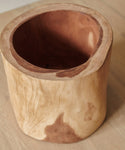 The Ranch Planter features smooth, cylindrical Suar wood with natural grain patterns and a hollowed interior. Ideal as a rustic indoor planter, it sits beautifully on any light wooden surface.