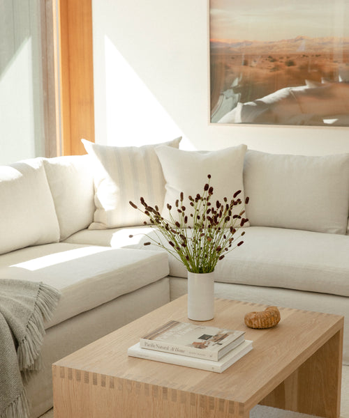 A bright, modern living room features a white Harbor Sectional with a beige throw blanket, a light wood coffee table displaying dark flowers, books, and a small bowl. Sunlight streams in beneath a landscape photo on the wall.